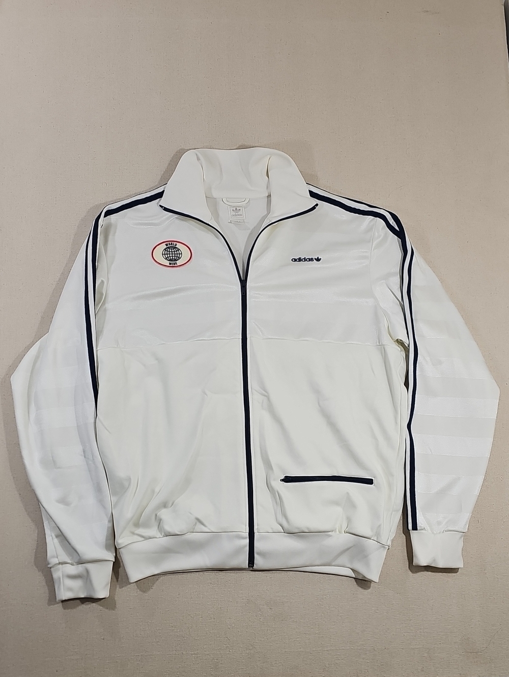 adidas White Track Jacket with Navy Trim and Chest Patch